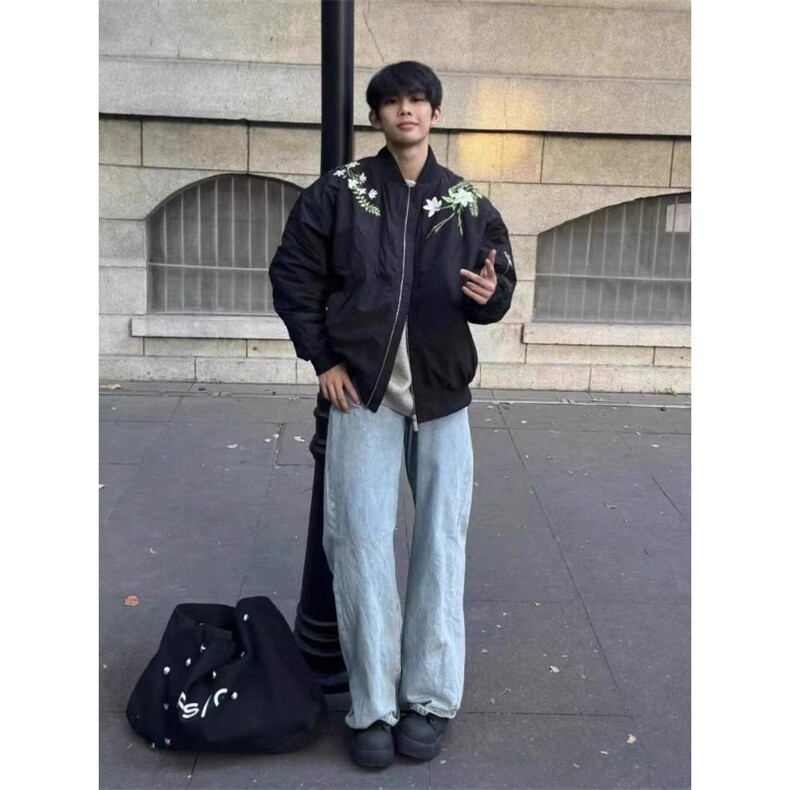 美式覆古vintage花卉刺绣飞行员棉服男女冬季潮牌棒球夹棉衣外套,男装棉衣,星座506A