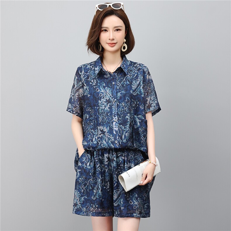 套装女2026年夏季新款时尚宽松中年妈妈大码短裤两件套,女装套装/套裙,江忆布依