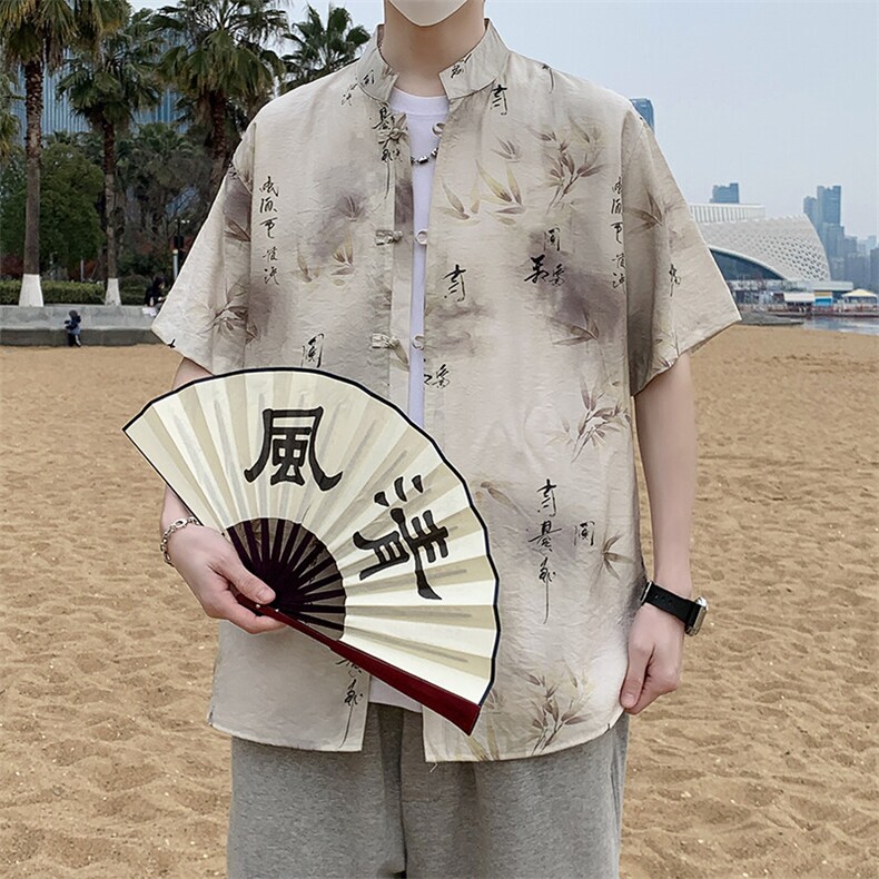 新中式风盘扣花纹短袖衬衫男士夏季复古唐装衬衣潮7007P40图片