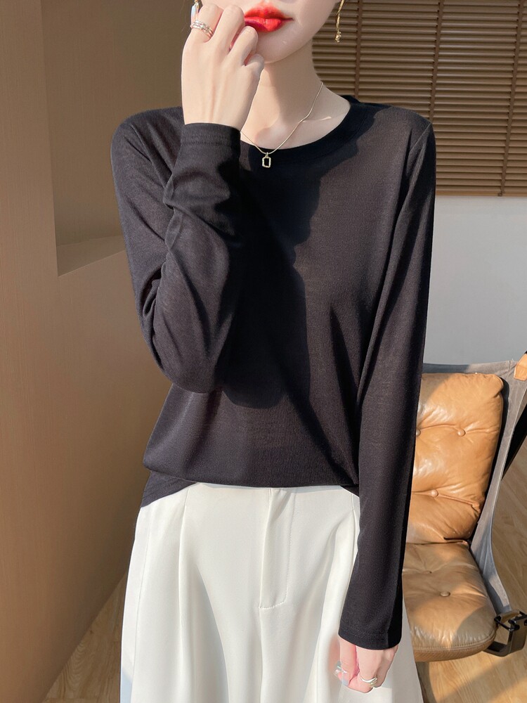 圆领新款针织女长袖纯色简约百搭宽松套头上衣,针织衫/毛衣,绒宛羊绒
