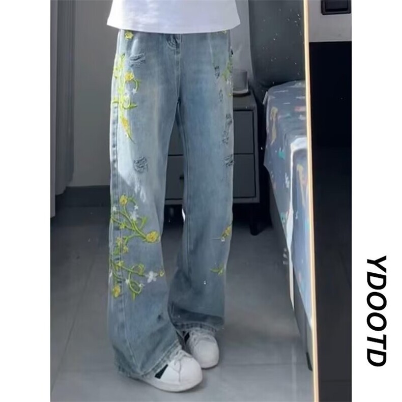 潮牌小众藤条花卉刺绣牛仔裤男美式vibe街头痞帅宽松直筒高街长裤,男装牛仔裤,星座506A