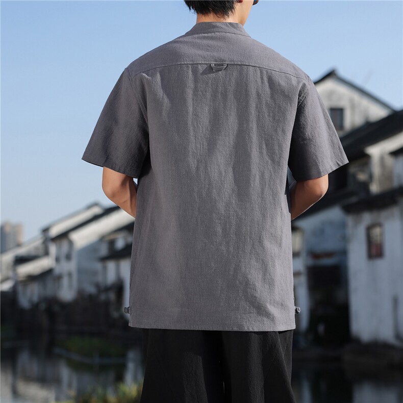 2026夏季新款风盘扣纯色休闲宽松大码苎麻T恤CS2606,男装T恤,电商A008