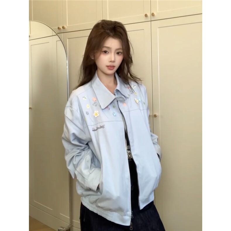 秋季小个子外套女款春秋新款休闲慵懒风上衣翻领刺绣夹克潮,女装短外套,星座506A