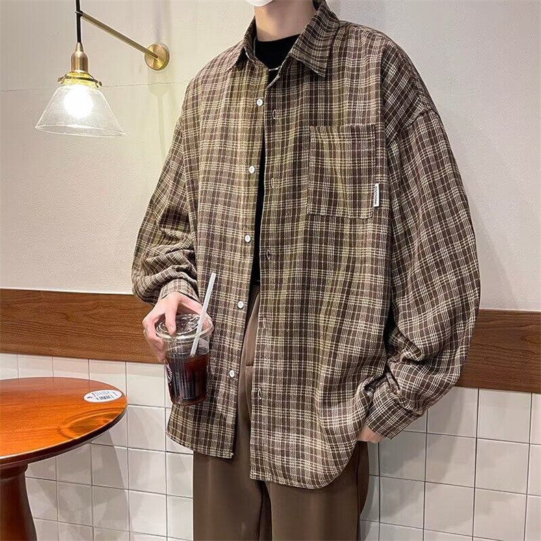 2025春季新款港风格子衬衫男长袖宽松衬衣青年男现货W8107-P33,男装衬衫,星座512-4