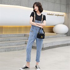 2021夏季女装春季牛仔背带裤女减龄新款韩版宽松洋气{码子偏小}，女装牛仔裤，布衣桑