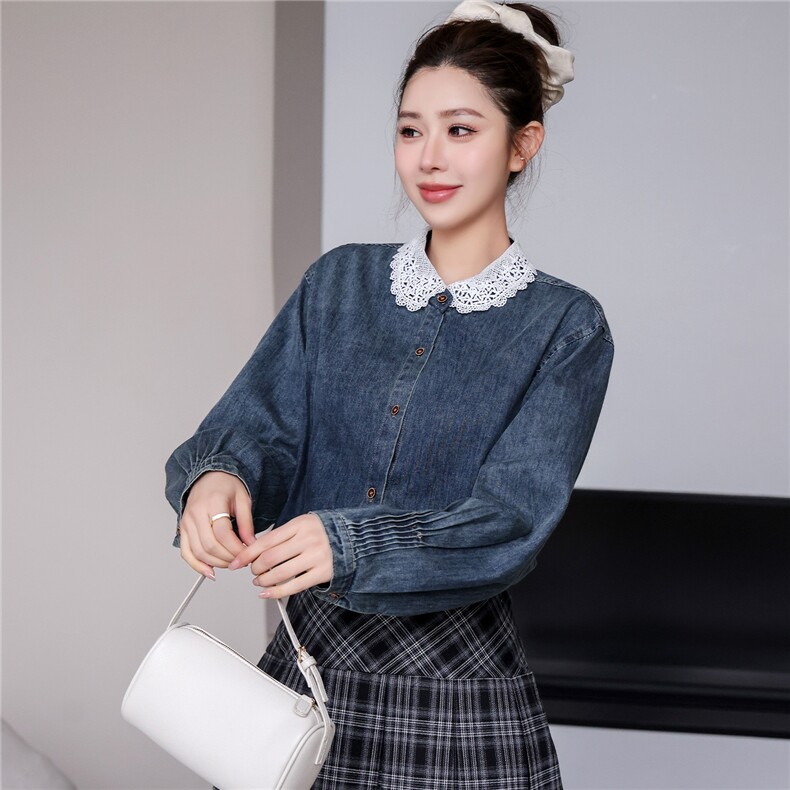 2026新款水洗牛仔长袖花边蕾丝春装韩版衬衫,女装衬衫,2C091