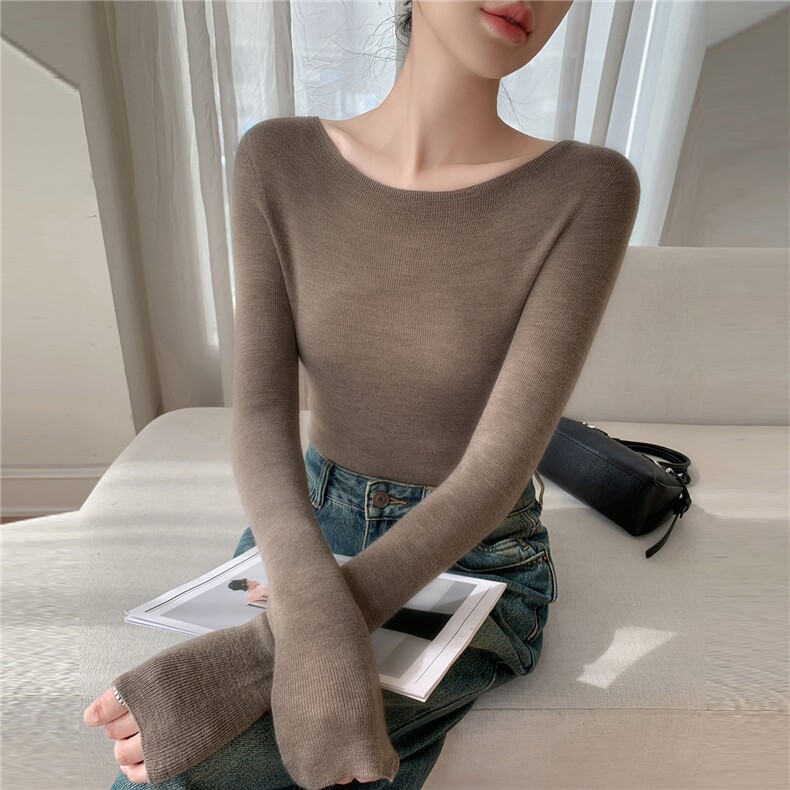 扬子纱无缝一体一字领打底衫100精纺羊毛女修身内搭秋冬新款长袖，女装针织衫/毛衣，暖绒情旗舰店