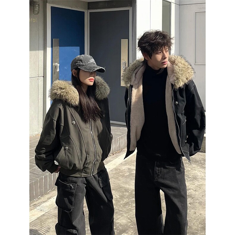 现货重磅boxy短款棉衣座山雕大毛毛领男女棉服水洗工装厚外套,男装棉衣,电商A486