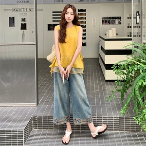 新中式国风牛仔阔腿裤套装女2025年夏季新款刺绣牛仔裤上衣两件套图片
