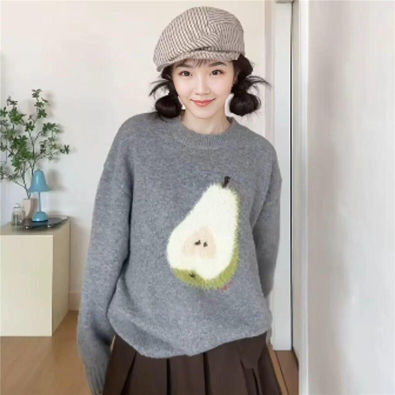 韩系秋冬穿搭卡通提花毛衣女灰色慵懒风外穿高级感圆领针织上衣潮,男装针织衫/毛衣,星座1210-1