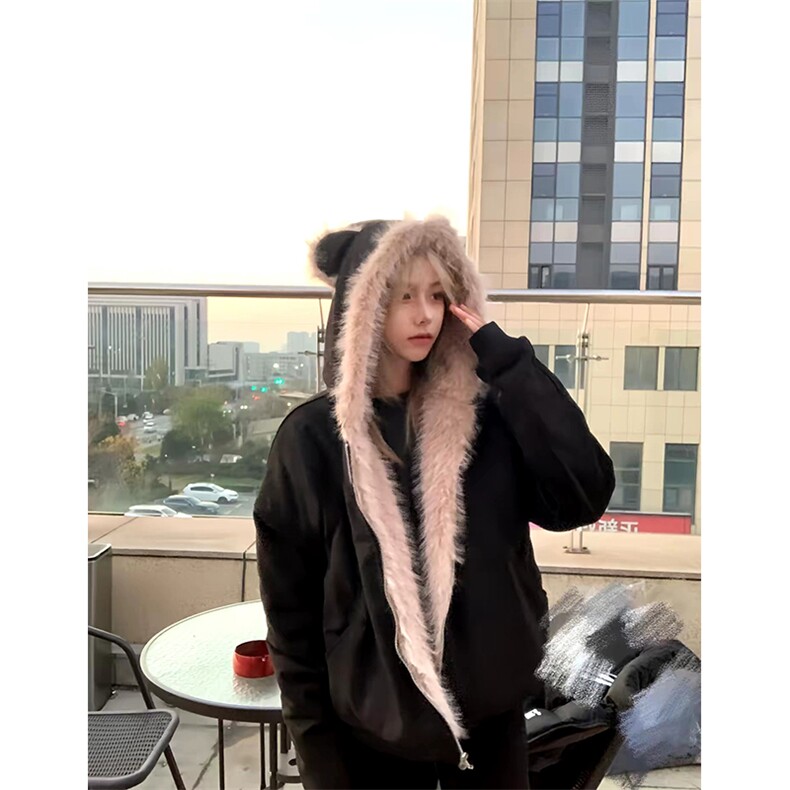 现货重磅硬挺boxy羽绒棉衣座山雕猫耳大毛毛领麂皮棉服冬外套图片