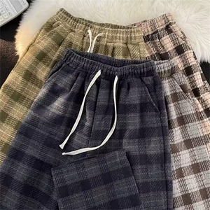 美式复古法格子裤男春秋潮牌绿色小香风裤子直筒休闲长裤图片