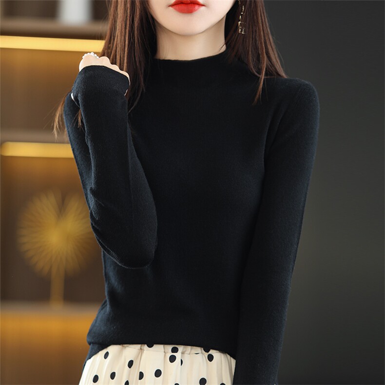 秋冬季通勤休闲精纺48支33%羊毛1乘1半高长袖羊毛衫,女装羊毛衫,朝思羊绒