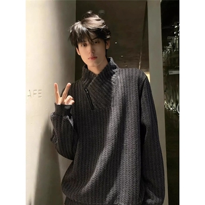 雪尼尔斜领拉链加绒卫衣男款春秋美式条纹打底衫内搭保暖长袖t恤图片