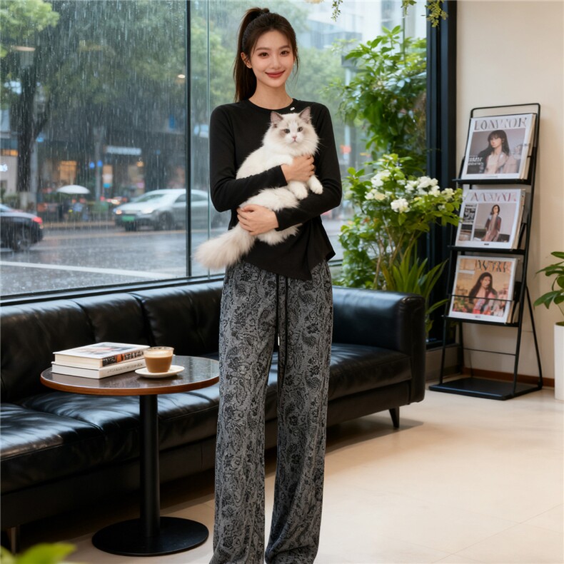 韩版时尚休闲套装女春新款圆领不规则开叉设计上衣阔腿长裤两件套,女装套装/套裙,2C310