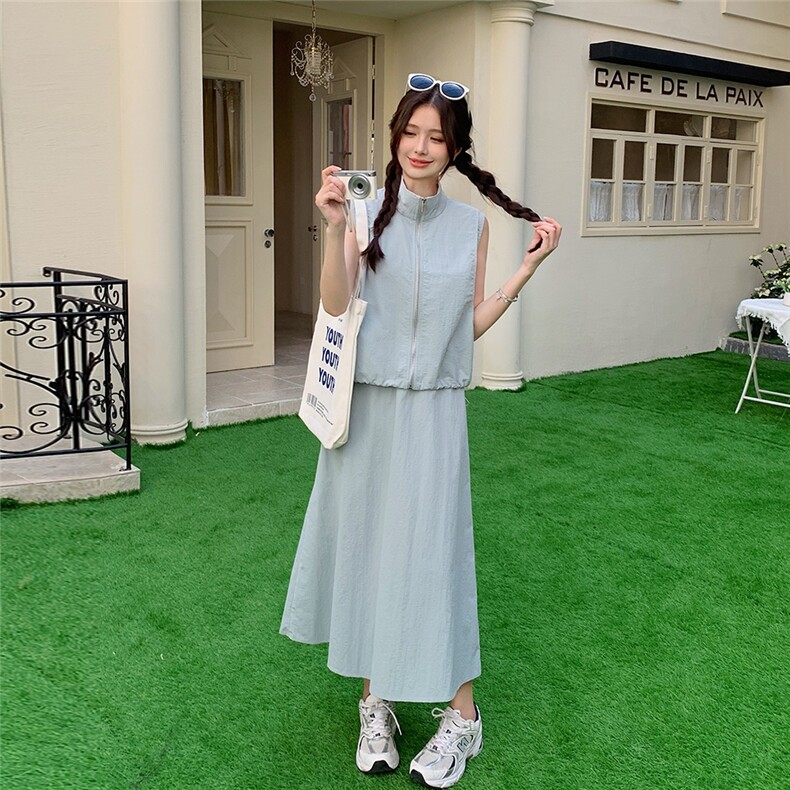 休闲蓝色无袖半身裙套装女夏2025新款两件套时尚减龄洋气爆款流行，女装套装/套裙，2C135
