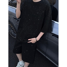 抖音得物超高品质支持退换230克宽松纯棉满天星亮片短袖T恤P17，男装T恤，电商A486