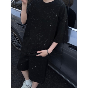 抖音得物超高品质 支持退换 230克宽松纯棉满天星亮片短袖T恤 P17图片