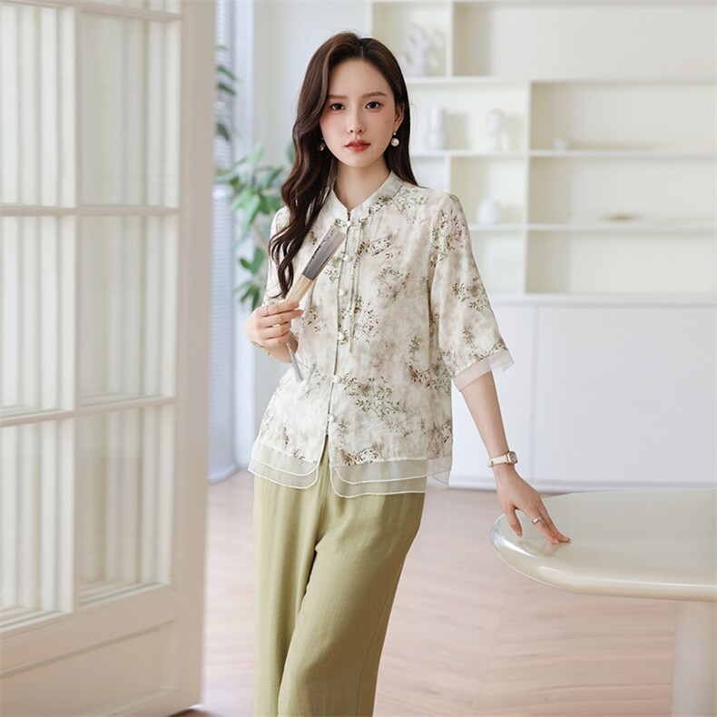 2024夏季新款优雅印花女装衬衫轻薄透气显瘦设计,女装衬衫,千千佰惠