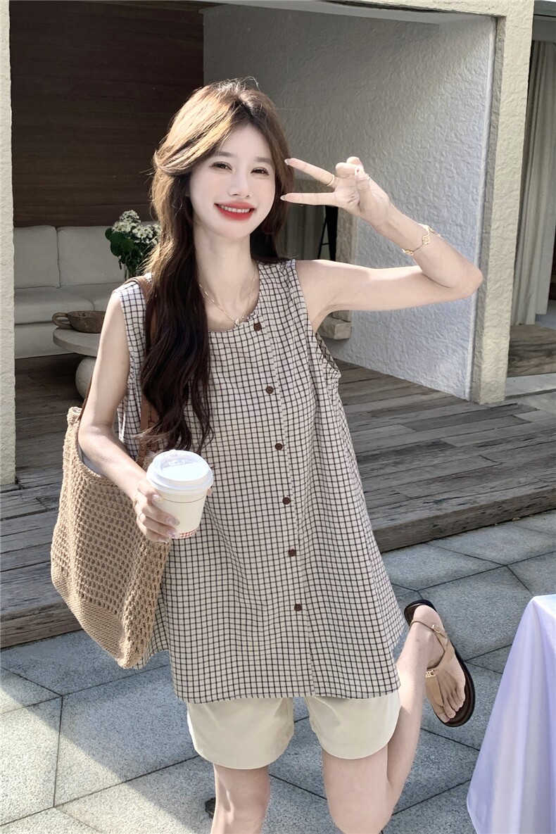 格纹套装女夏季2026新款韩系复古慵懒百搭显瘦背心高腰短裤两件套,女装套装/套裙,艾米莉亚