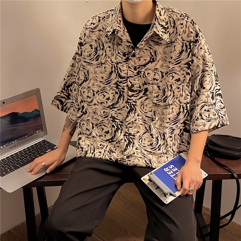 日系五分袖春夏季新款衬衫潮流慵懒男方领宽松型衬衫AC61P27,男装衬衫,星座1116-2