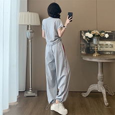 网红炸街时尚运动套装女夏季新款拼接短袖上衣高腰阔腿裤两件套潮，女装套装/套裙，江南