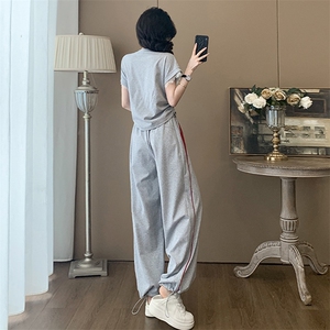 网红炸街时尚运动套装女夏季新款拼接短袖上衣高腰阔腿裤两件套潮图片