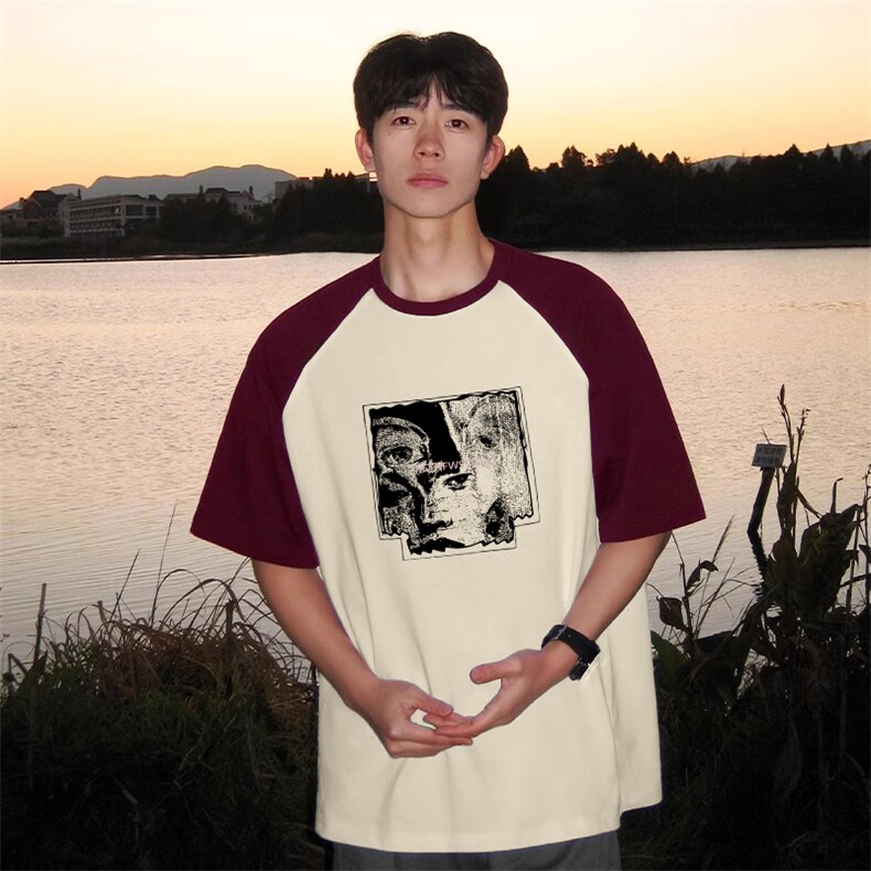 抖音得物高品质二开240克宽松纯棉美式潮牌插肩袖拼接短袖T恤,男装T恤,电商A486