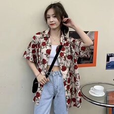 2025新款港风复古印花短袖衬衫女韩版宽松小众设计感学生雪纺衬衣，男装T恤，星座506A