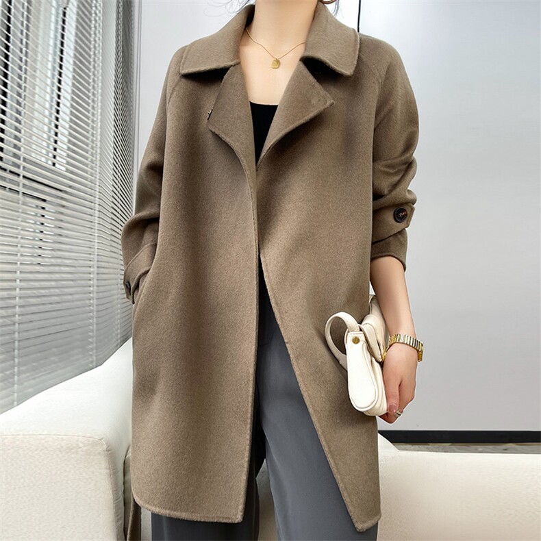 2024秋季新款纯色长袖中长款羊毛毛呢大衣通勤百搭，女装双面呢大衣，贝源羊绒