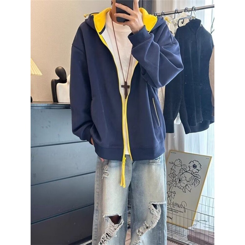 藏蓝色连帽开衫卫衣男款秋季重磅硬挺带帽衫潮牌美式复古拼色外套图片