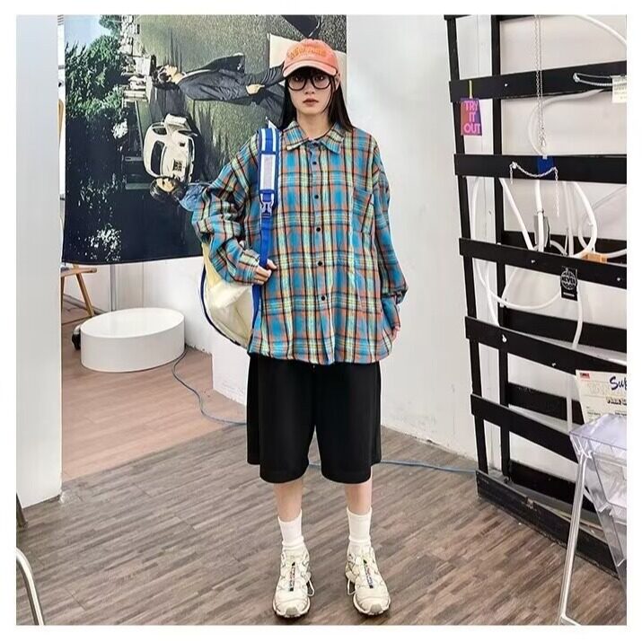 C264-P37美式高街蓝色格子衬衫男长袖vintage日系复古衬衣,男装衬衫,电商B323A