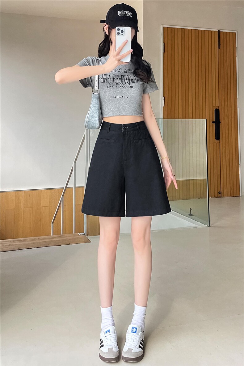 棉麻工装短裤女夏季薄款高腰韩版宽松休闲阔腿裤小个子时尚热裤潮,女装休闲裤,梦白服饰厂