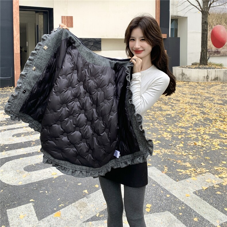 韩版学院风娃娃领毛呢白鸭绒外套女短款灰色气质减龄小个子羽绒服,女装羽绒服,艾米莉亚