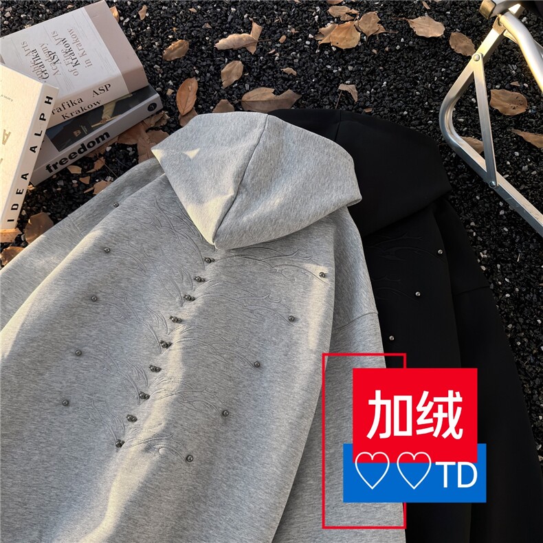 美式重磅Cleanfit复古加绒加厚刺绣连帽卫衣男女宽松休闲上衣帽衫,男装卫衣,星座506A