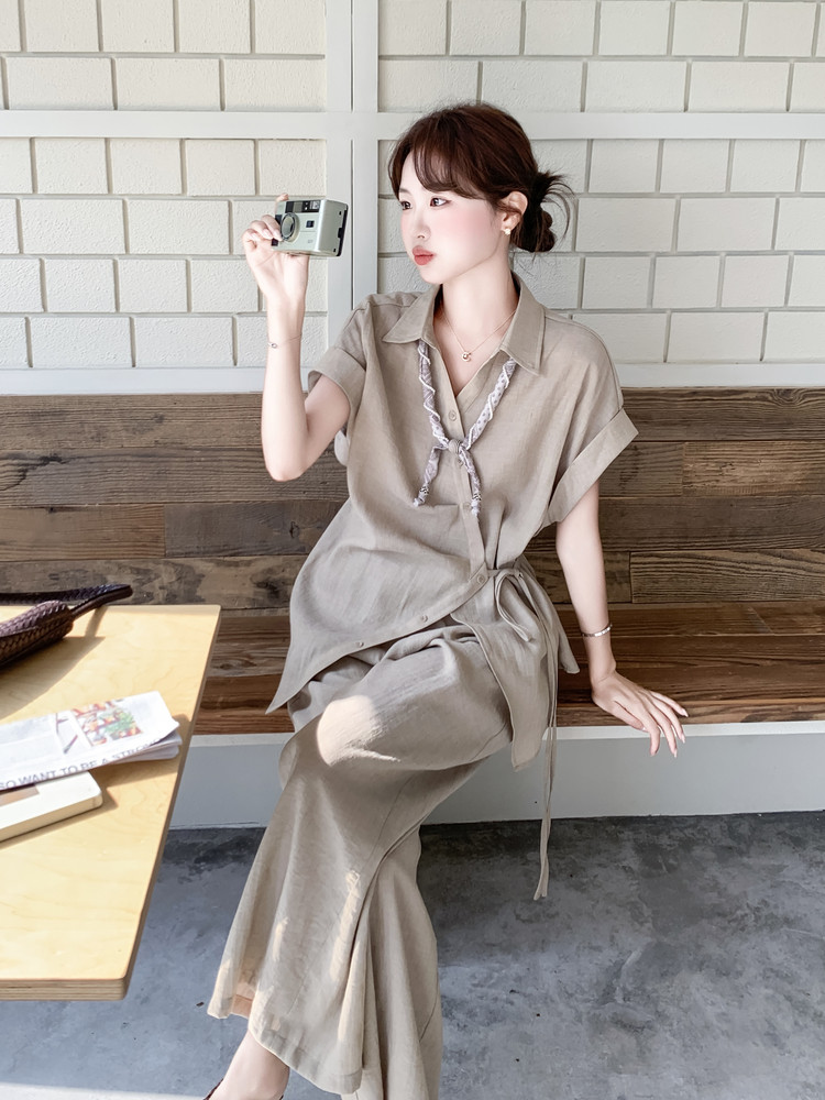 2026夏季法式亚麻短袖不规则系带衬衫阔腿裤套装女休闲两件套套裤,女装套装/套裙,霓裳依族