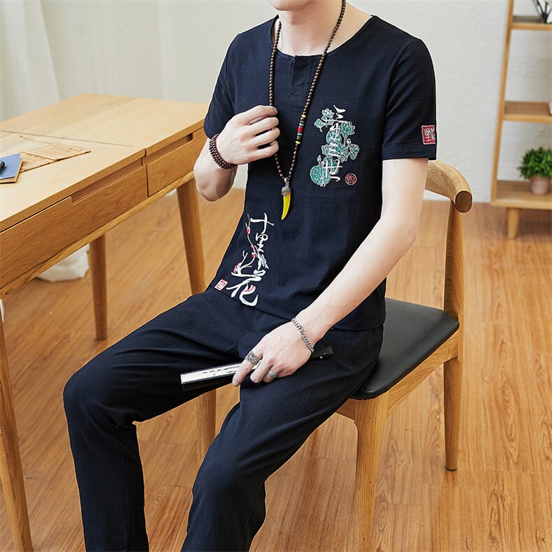 T085中国风棉麻套装休闲修身男士套装装1115--1--T085,男装休闲套装,星座1115-1