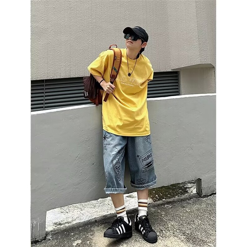 现货重磅破坏水洗做旧牛仔短裤男女宽松美式复古割破阔腿直筒七分,男装牛仔裤,星座218-1（原230）