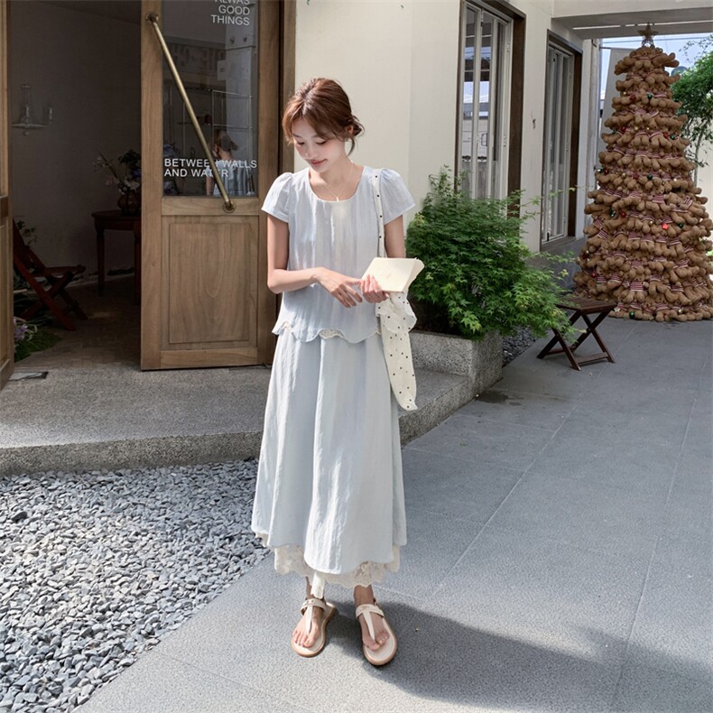 浅蓝色温柔风蕾丝拼接套装裙女2025年夏季新款超好看半身裙两件套,女装套装/套裙,2C279