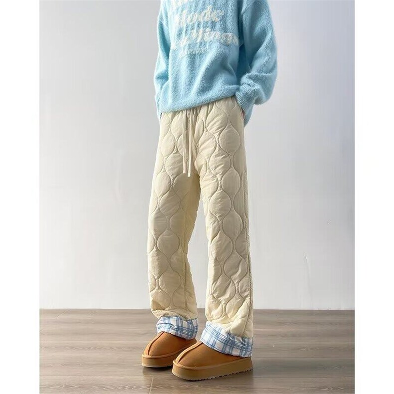 冬季葫芦纹保暖棉裤男女翻边格子休闲裤高街防寒阔腿裤K5990-P51，男装棉裤，星座412-3