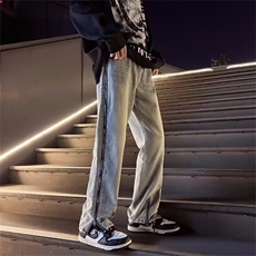 美式高街牛仔裤男韩版潮流拉链开衩个性2023夏季ins长裤RK676-P45，男装牛仔裤，星座412-3