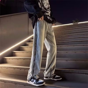 美式高街牛仔裤男韩版潮流拉链开衩个性2023夏季ins长裤RK676-P45图片