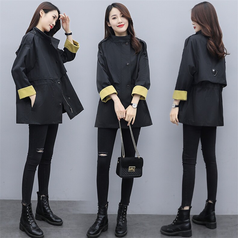 春秋新款插肩袖撞色拼接立领拉链宽松抽绳风衣外套女，女装风衣，微微衣阁