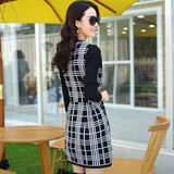 时尚格子长袖连衣裙女秋装新款修身显瘦针织毛衣裙气质淑女裙子，女装连衣裙，雪樱依海