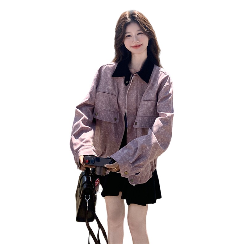 粉色撞色翻领外套女2026春季新款超好看设计感小个子休闲减龄夹克,女装短外套,2C177