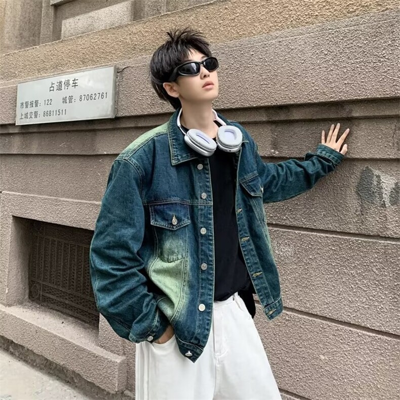 美式复古廓形做旧牛仔外套设计感痞帅春秋季高街头嘻哈夹克上衣,男装夹克,星座601-2