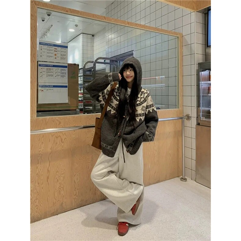 重磅秋冬北极绒开衫毛衣美式复古休闲慵懒风牛角扣针织衫连帽外套,男装针织衫/毛衣,电商A486-1