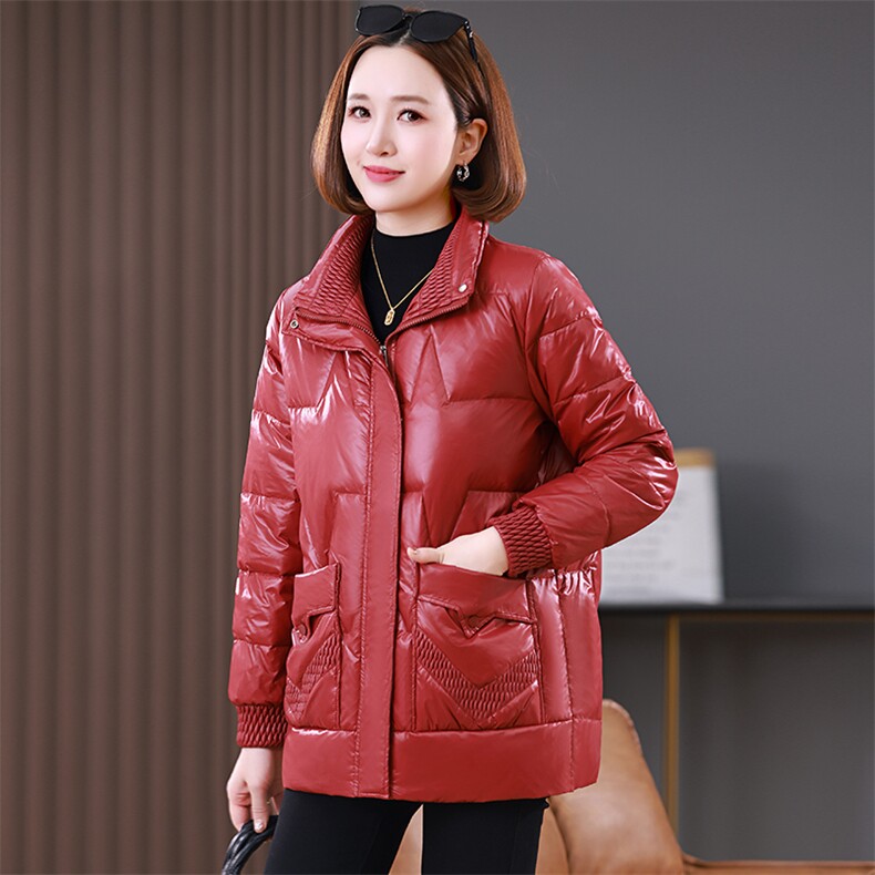 红色洋气减龄羽绒棉服女2024冬新款中年妈妈时尚立领加厚保暖棉袄,女装棉衣/棉服,婷思杰（原婷想服饰）