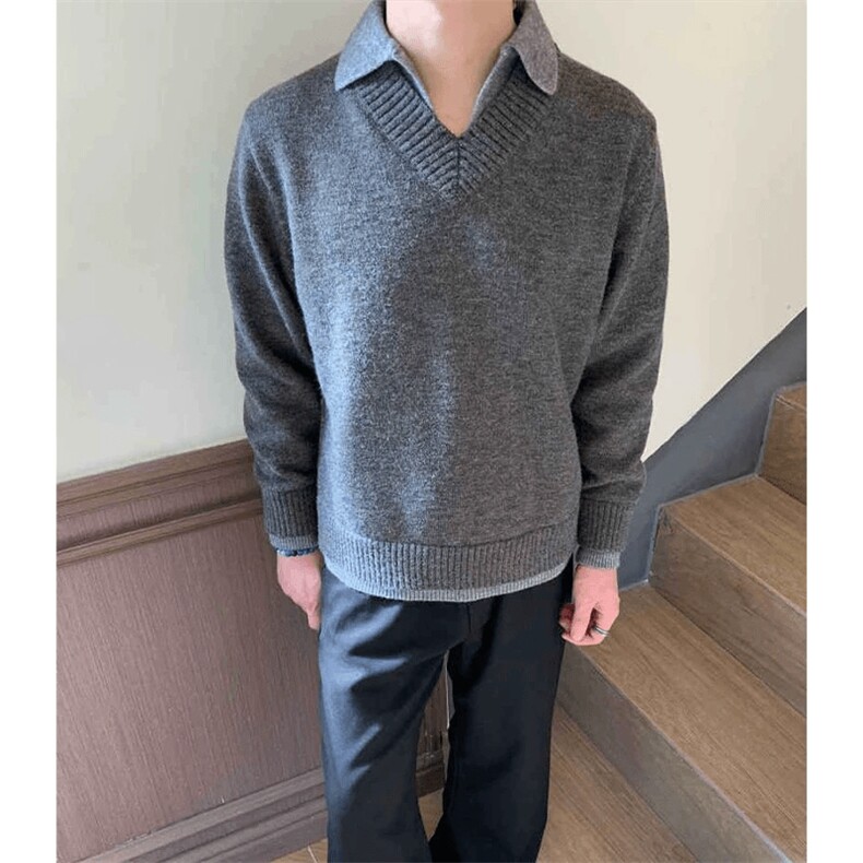 重磅北极绒假两件衬衫领毛衣美式高街复古休闲慵懒纯色翻领针织衫，男装针织衫/毛衣，电商A486