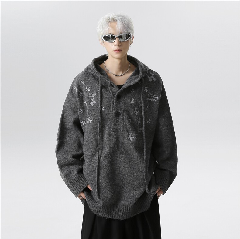 美式复古刺绣设计连帽针织衫男女秋冬季宽松毛衣外套22091-p68,男装针织衫/毛衣,电商C307